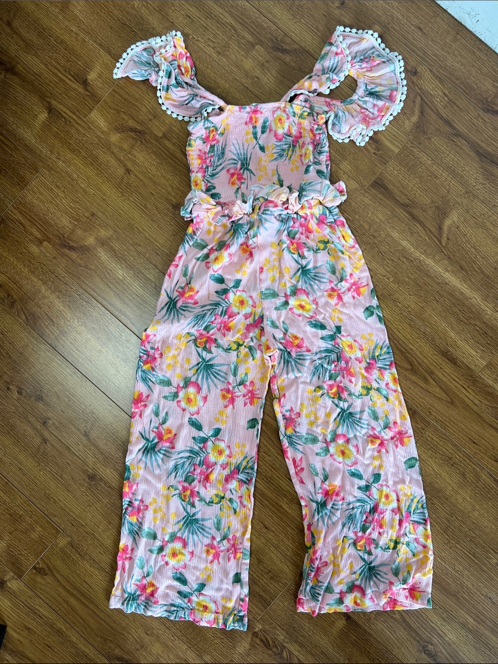 Girls Tropical Pink Floral Ruffle Summer Jumpsuit